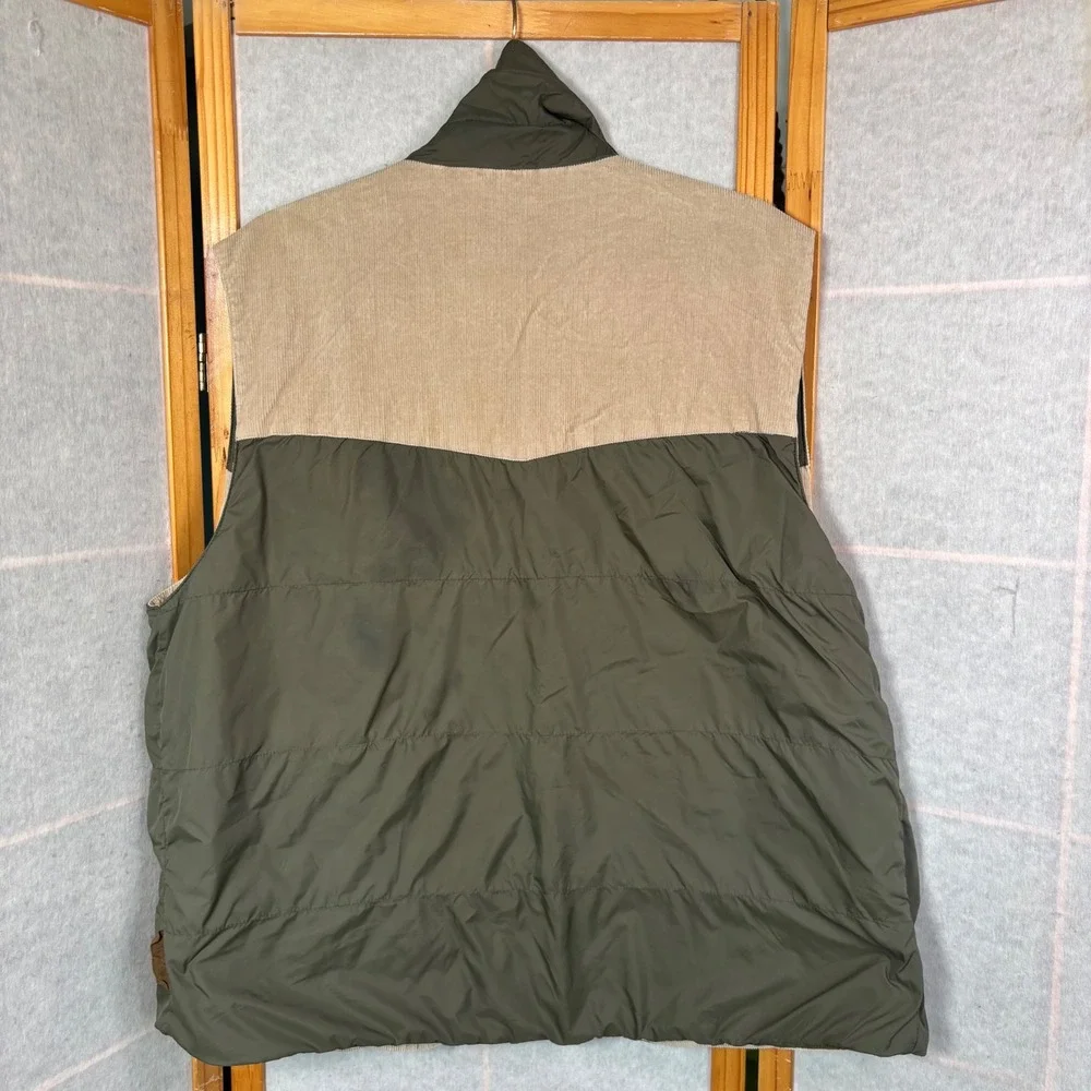 RuffHewn Reversible Puffer Vest M Olive Tan Corduroy Western Yoke Snap Front